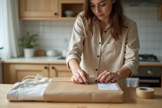 Femme préparant un colis vêtement pour un envoi Vinted Go sur une table en bois