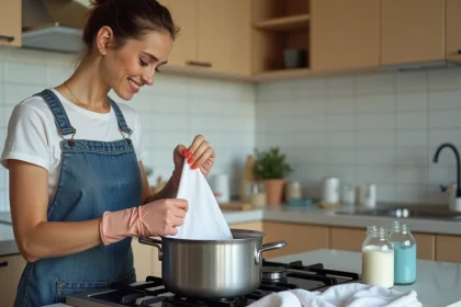 Femme préparant du tissu polyester pour la teinture dans une casserole en acier inoxydable avec des gants en caoutchouc