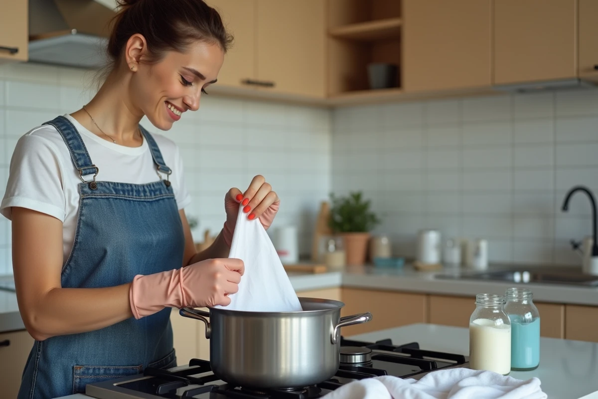 Femme préparant du tissu polyester pour la teinture dans une casserole en acier inoxydable avec des gants en caoutchouc