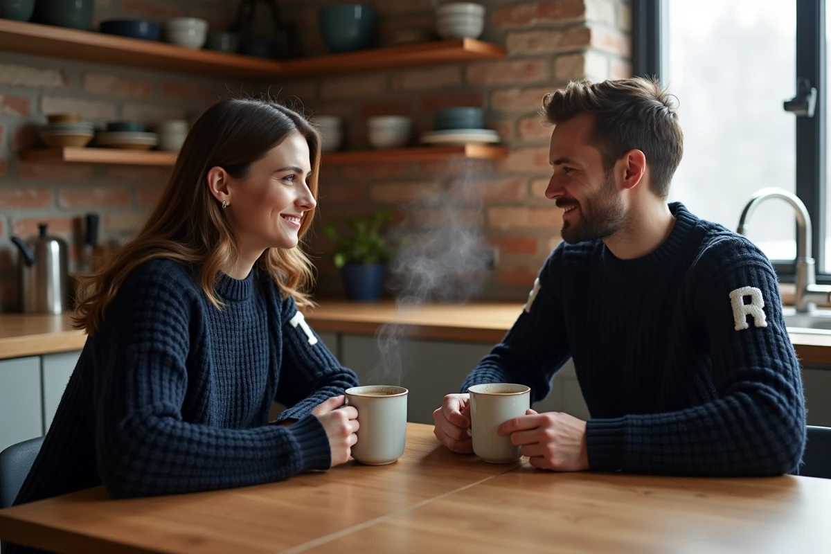 Couple en pulls assortis bleu marine avec initiales brodées autour d'une table en bois dans une cuisine rustique