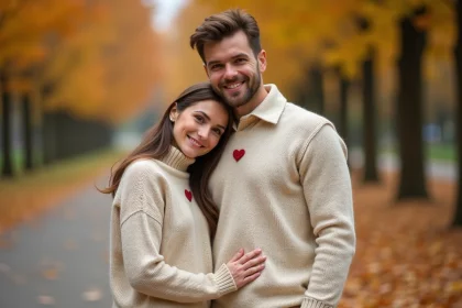 Couple portant des pulls assortis en laine crème avec motif cœur brodé dans un parc en automne