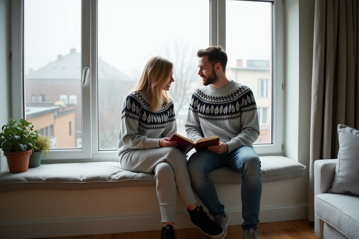Couple portant des pulls gris assortis à motif nordique assis sur un banc de fenêtre dans un appartement scandinave