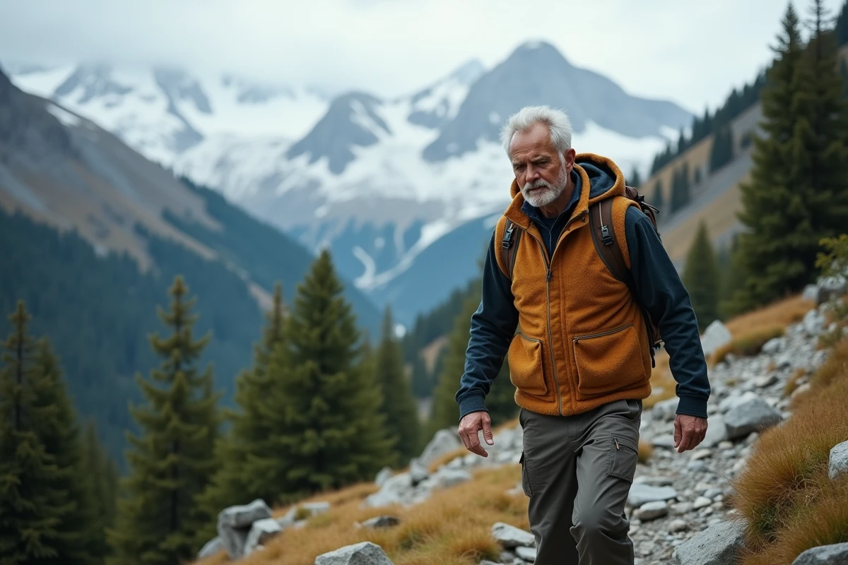 Randonneur portant une veste en laine bio sur un sentier alpin rocheux avec des sommets enneigés en arrière-plan