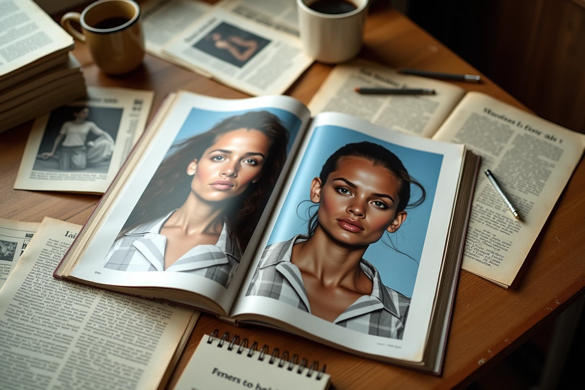 Bureau de journaliste avec anciens magazines de mode et documents de recherche biographique éparpillés