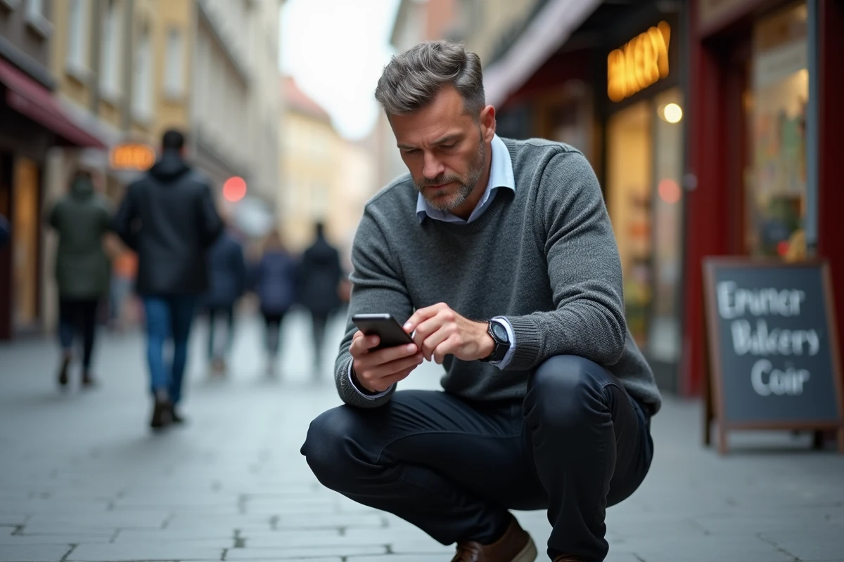 Homme cherchant une retouche rapide proche de chez lui sur son smartphone dans la rue