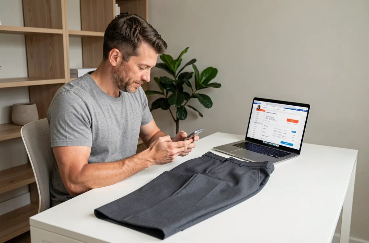 Homme comparant les tarifs de retouche couture en ligne depuis son bureau à domicile
