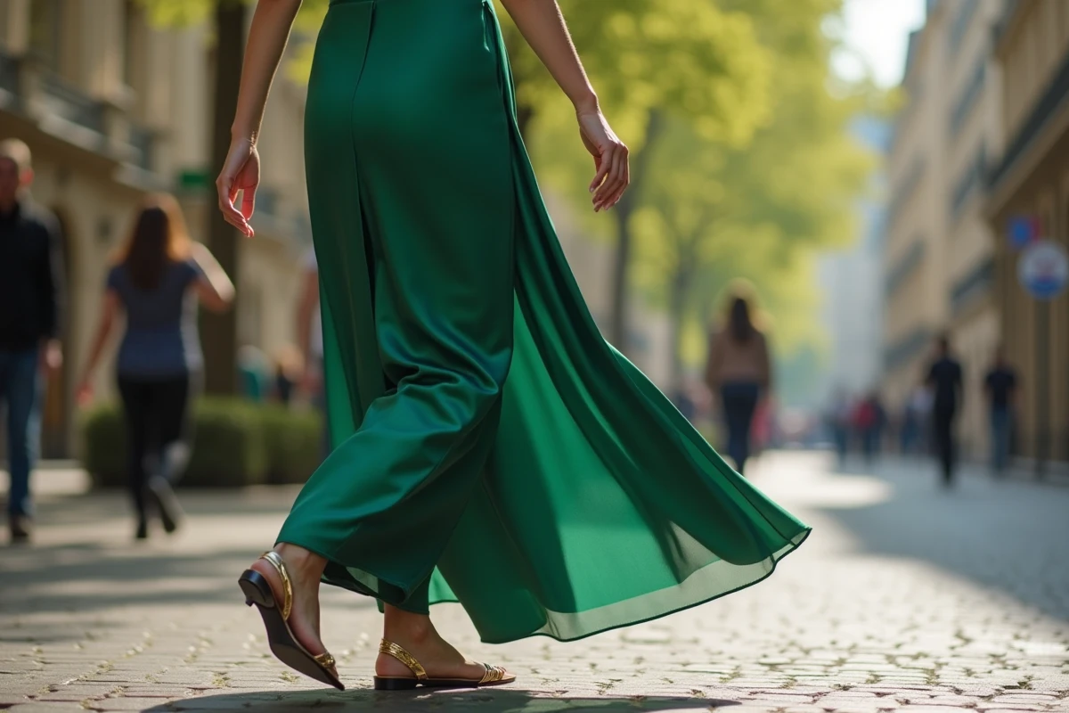 Femme portant une robe longue en satin vert émeraude avec des sandales dorées à talon chaton dans une rue parisienne