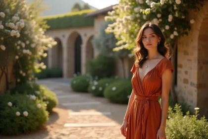 Femme en robe longue terracotta élégante portée comme invitée de mariage dans un jardin méditerranéen