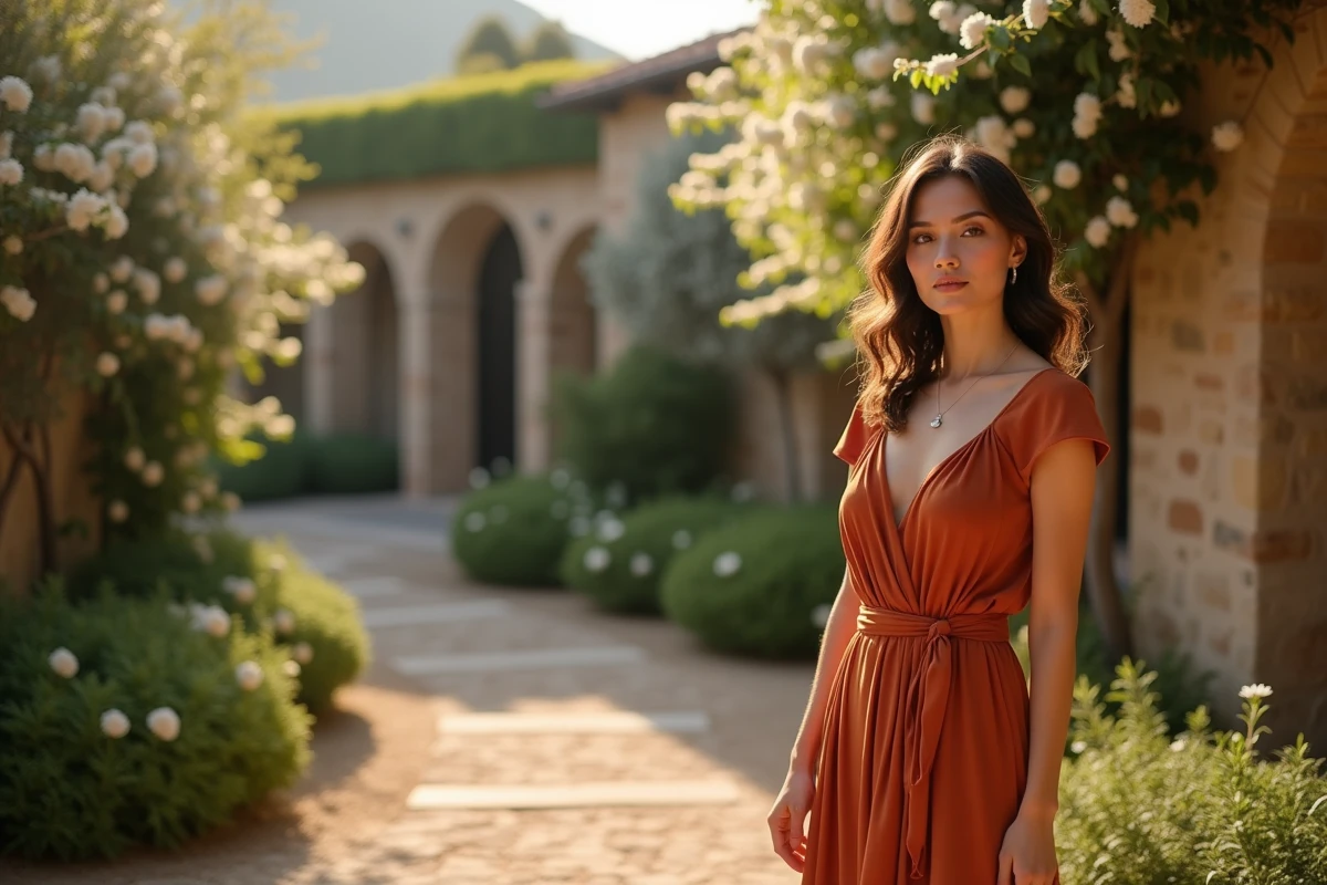 Femme en robe longue terracotta élégante portée comme invitée de mariage dans un jardin méditerranéen