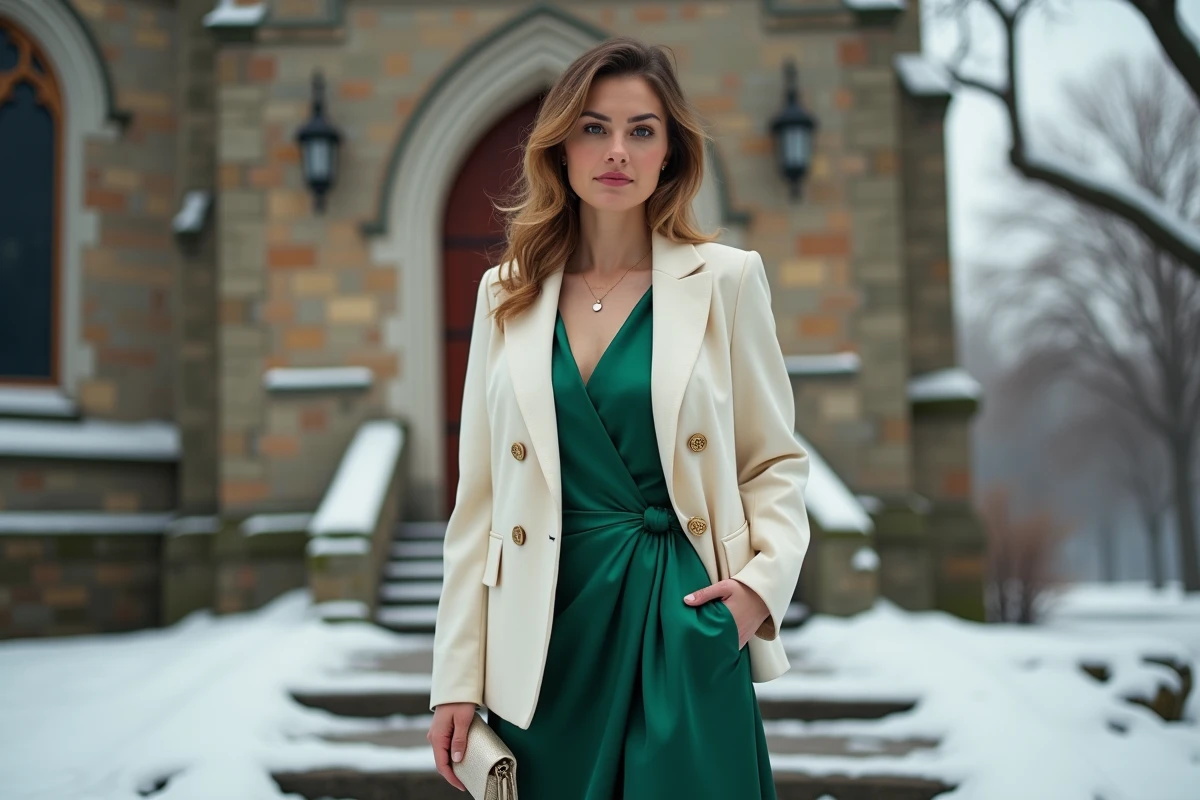 Femme en robe satin vert émeraude et blazer en laine ivoire pour invitée de mariage hivernal devant une église enneigée