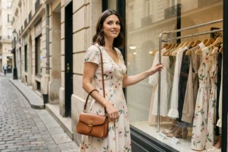 Femme en robe SINEQUANONE florale pastel devant une boutique parisienne avec portant une robe soldée élégante