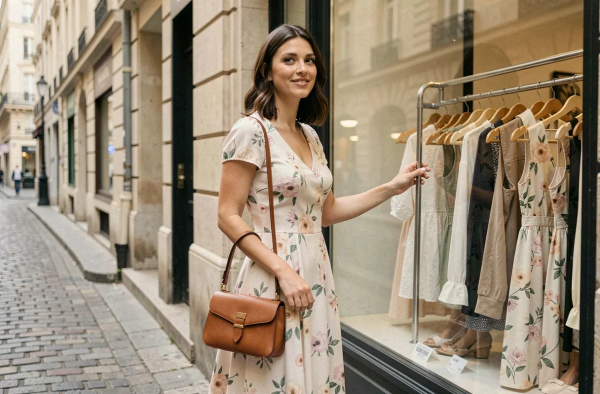 Femme en robe SINEQUANONE florale pastel devant une boutique parisienne avec portant une robe soldée élégante