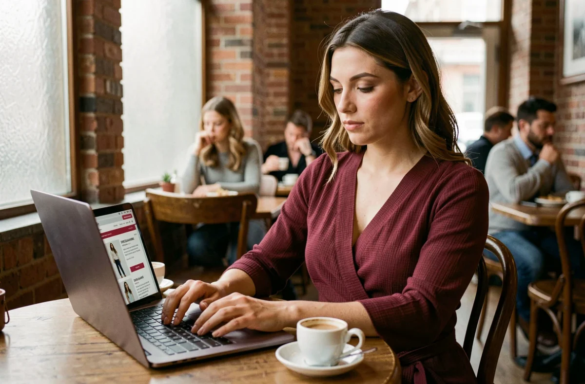 Femme portant une robe SINEQUANONE bordeaux dans un café en cherchant des promotions en ligne sur son ordinateur portable