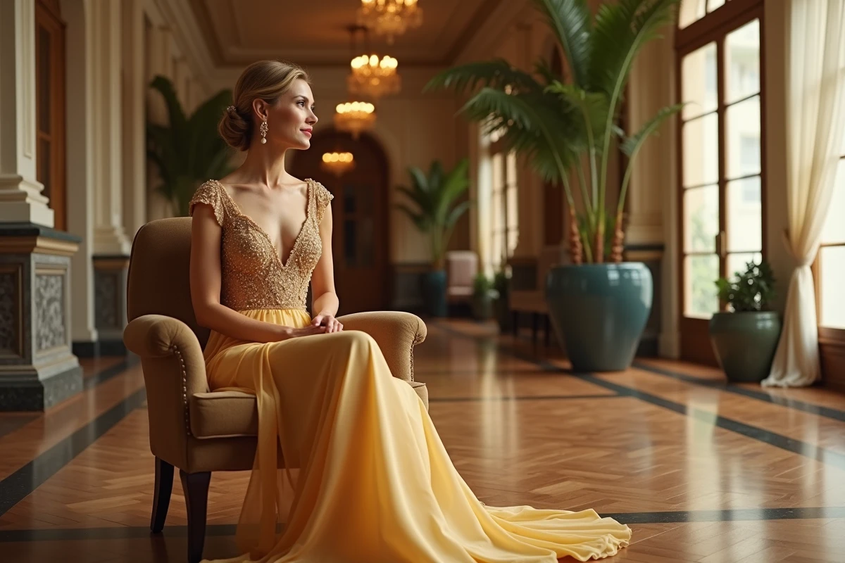 Femme élégante assise dans un hôtel de luxe portant une robe de soirée dorée en A-line avec bustier perlé
