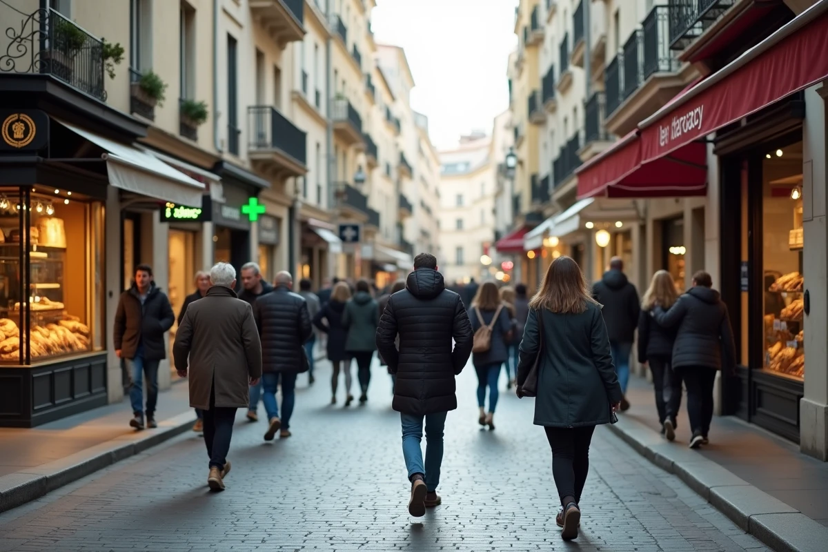 Rue commerçante animée à Marseille un dimanche avec des boutiques ouvertes et des passants