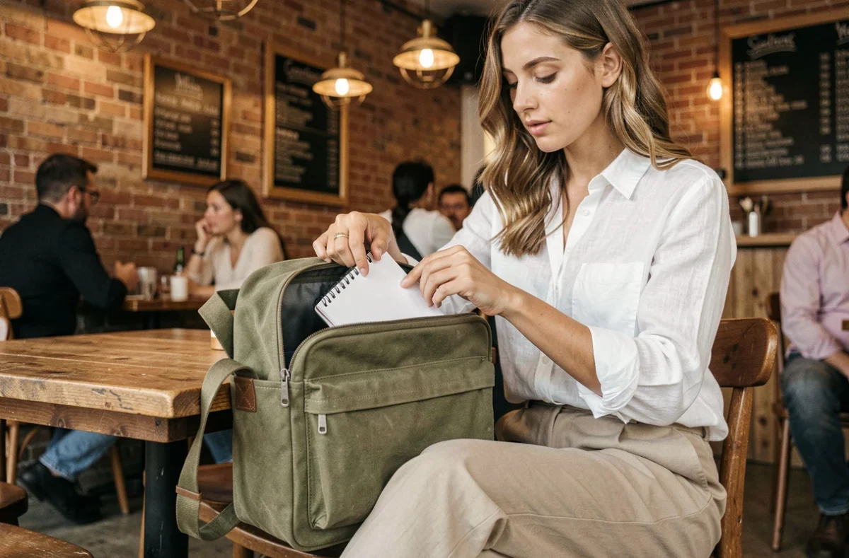 Femme assise dans un café ouvrant son sac à dos ordinateur en toile verte pour le travail