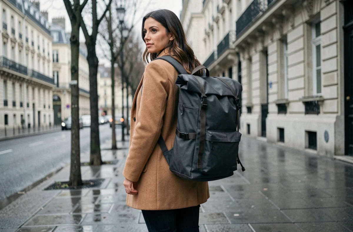 Femme en manteau camel portant un sac à dos ordinateur gris en nylon dans une rue parisienne