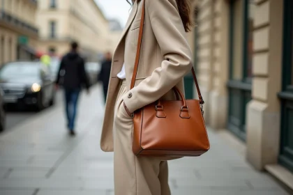 Femme portant un sac à main structuré en cuir caramel tendance 2026 dans une rue parisienne, style quotidien minimaliste