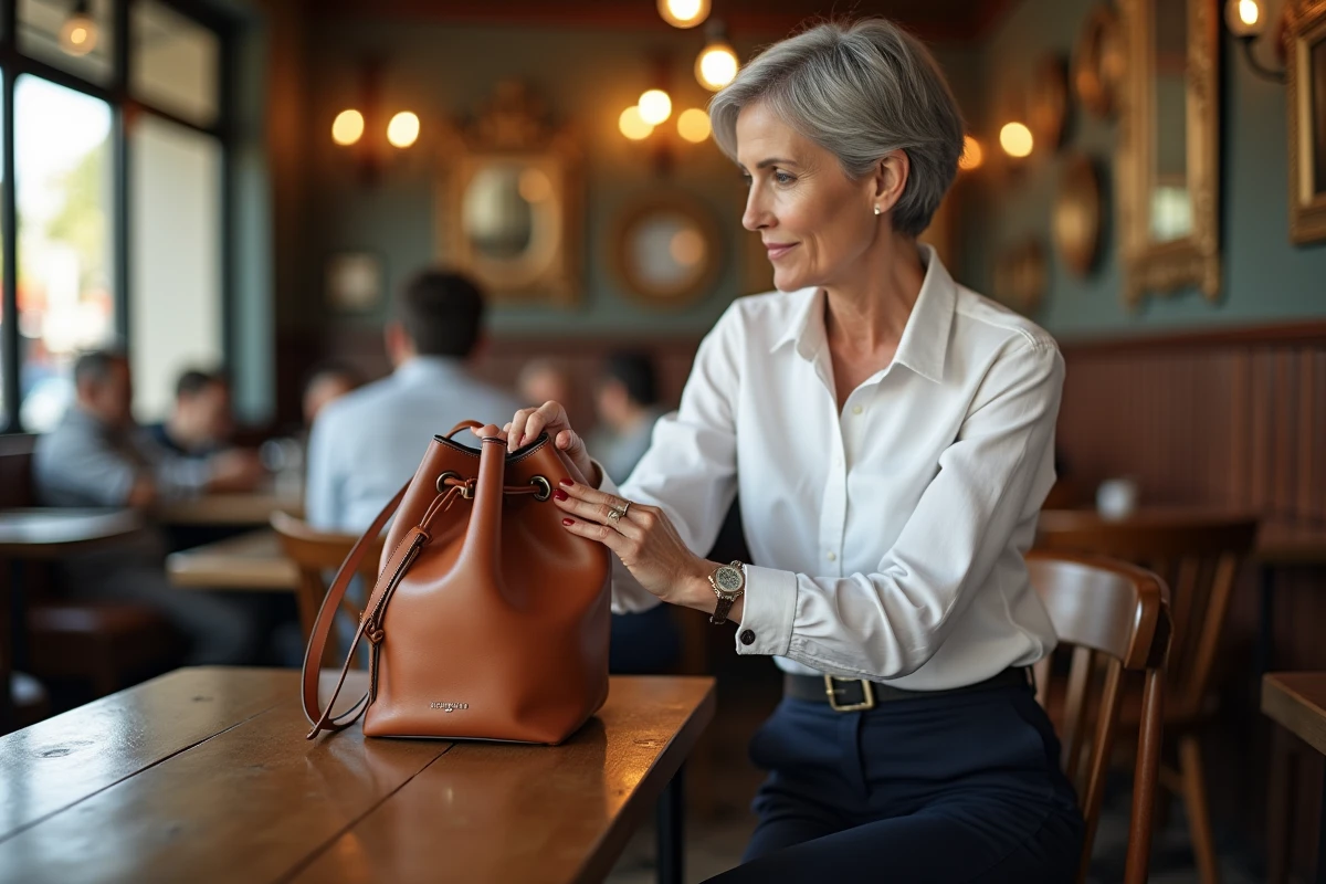 Femme assise dans un café parisien avec un sac seau en cuir cognac tendance 2026, look quotidien élégant et intemporel