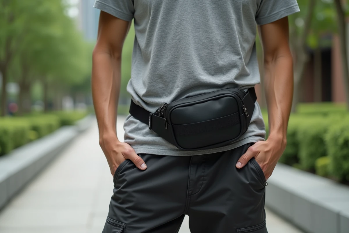 Homme portant une banane en ceinture avec sangle en nylon et boucle quick-release dans un parc urbain