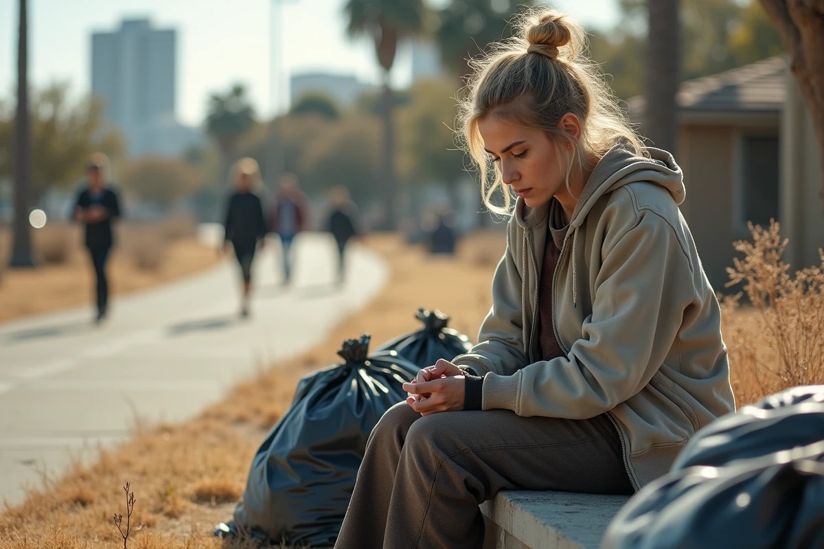 Femme en situation de sans-abrisme assise dans un parc urbain, regard absent et affaires personnelles autour d'elle