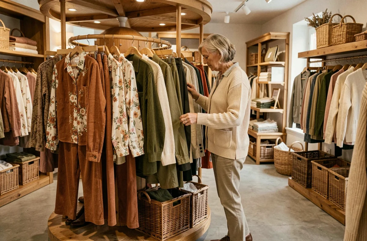 Cliente explorant des vêtements campagne-chic dans une boutique Scottage au Mans