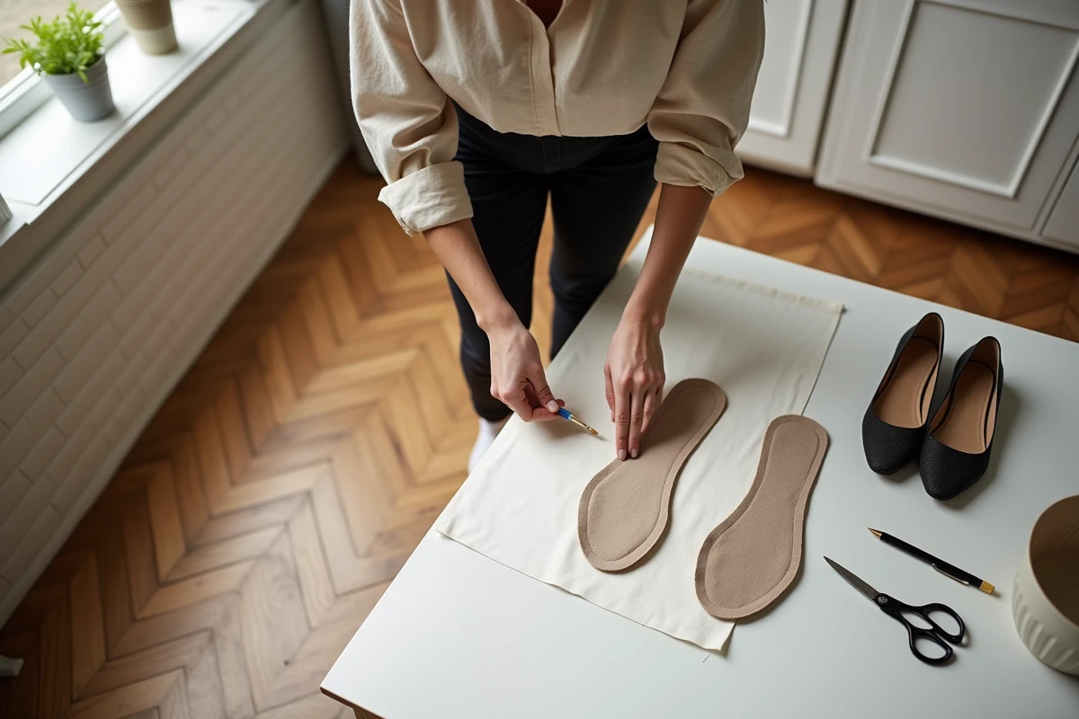 Vue du dessus d'une semelle à découper posée sur une table avec des ciseaux pour adapter une chaussure trop grande