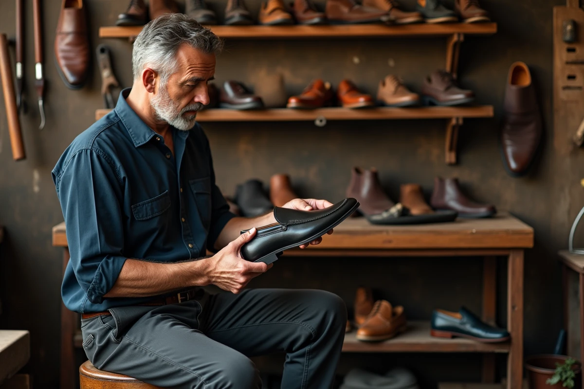 Homme tenant une semelle en gel pour ajuster un mocassin trop grand dans un atelier de cordonnerie