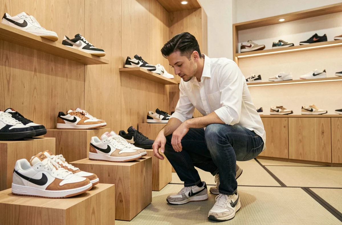 Intérieur de la boutique Shinzo Paris aux influences japonaises, avec un client examinant des sneakers rares exposées sur des socles en bois