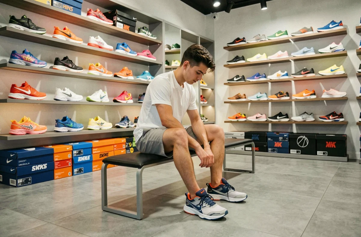 Intérieur du magasin Size? Paris avec un large choix de sneakers running et lifestyle exposées sur des étagères murales colorées