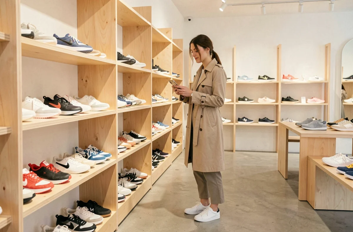 Boutique Sneakersnstuff SNS Paris à l'esthétique scandinave épurée, avec une cliente parcourant la sélection de sneakers premium