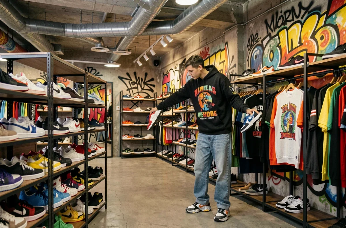 Intérieur dynamique et streetwear du magasin Snipes Paris, avec un client inspectant des sneakers sur des étagères industrielles sous des conduits apparents