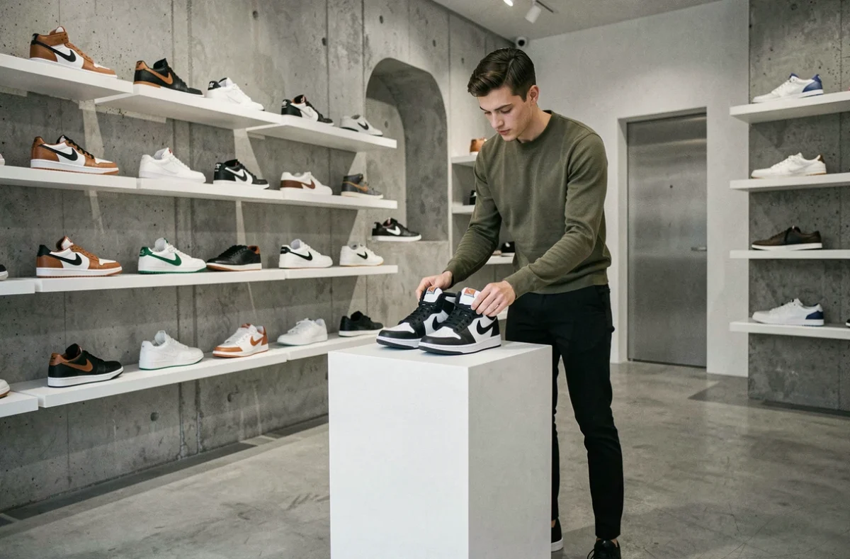 Intérieur épuré et haut de gamme de la boutique Starcow Paris avec des sneakers rares exposées sur des étagères minimalistes