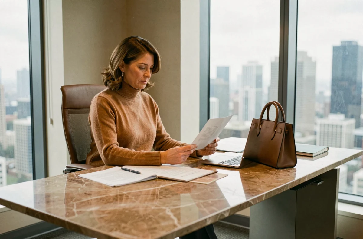 Femme professionnelle en pull col roulé camel et pantalon anthracite assise à un bureau exécutif avec vue sur la ville