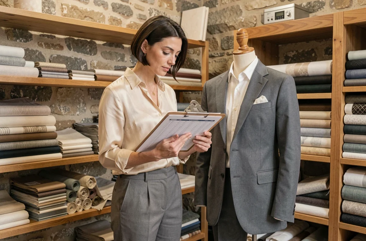 Styliste professionnelle consultant un tableau de mensurations corporelles dans un atelier parisien avec mannequin habillé, évoquant l'analyse de la morphologie féminine