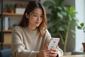 Jeune femme consultant le suivi de colis Shein sur son smartphone à son bureau à domicile