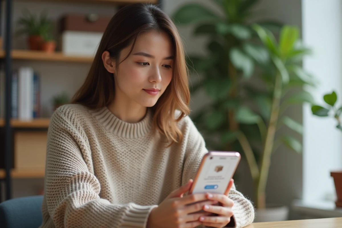 Jeune femme consultant le suivi de colis Shein sur son smartphone à son bureau à domicile
