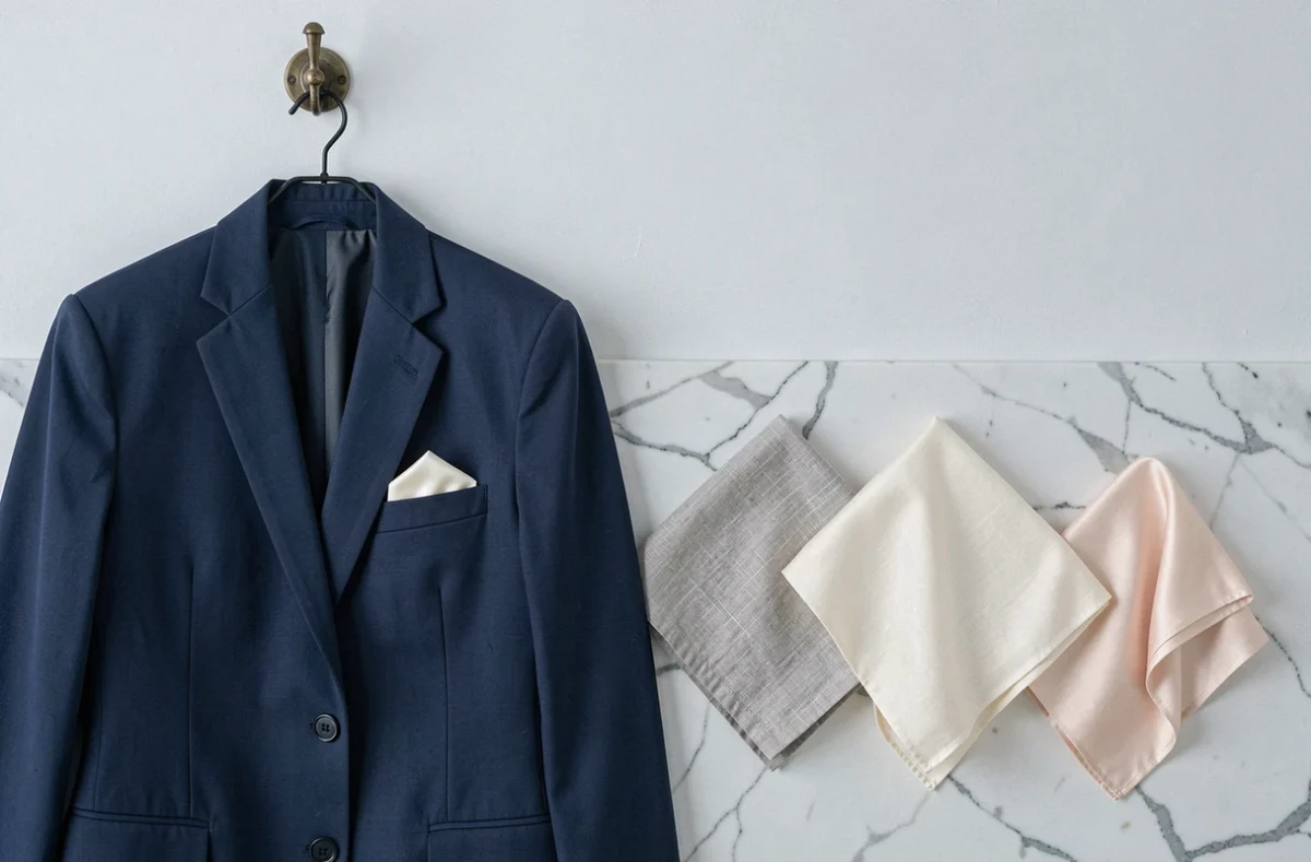 Veste marine avec pochette ivoire pliée et présentation de différentes techniques de pliage en flat lay sur marbre