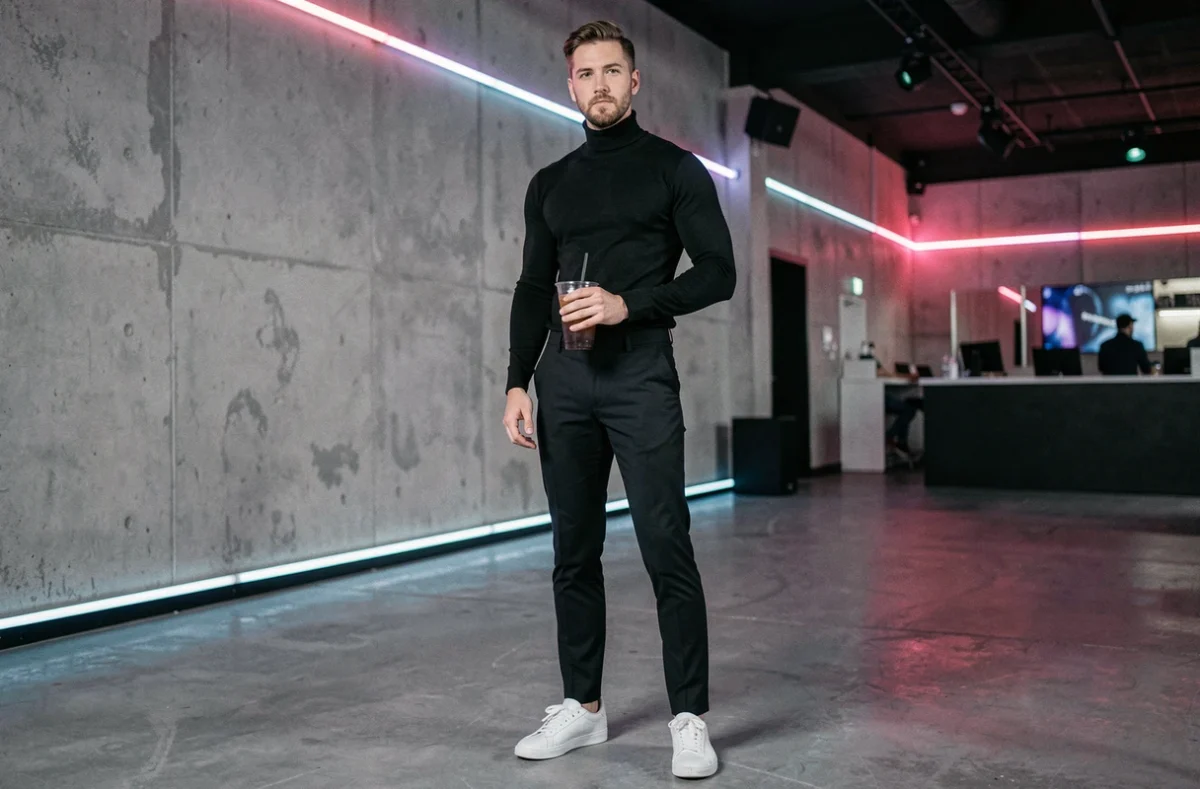 Homme en tenue minimaliste noire dans une salle de musique électronique moderne, look concert techno 2026