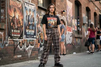 Jeune femme en tenue rock vintage devant une salle de concert avec affiche de tournée, style musical alternatif 2026