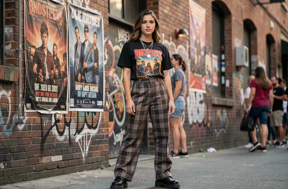 Jeune femme en tenue rock vintage devant une salle de concert avec affiche de tournée, style musical alternatif 2026
