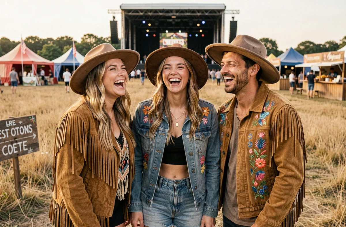 Groupe d'amis en tenues de festival d'été devant une scène en plein air, styles musicaux variés pour concert 2026