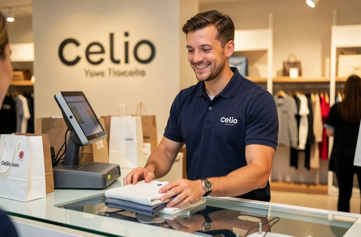 Vendeur Celio souriant au comptoir de caisse d'une boutique à Vichy