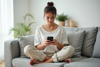 Jeune femme assise sur un canapé tenant un smartphone, pieds nus visibles, illustrant la vente anonyme de photos de pieds en ligne