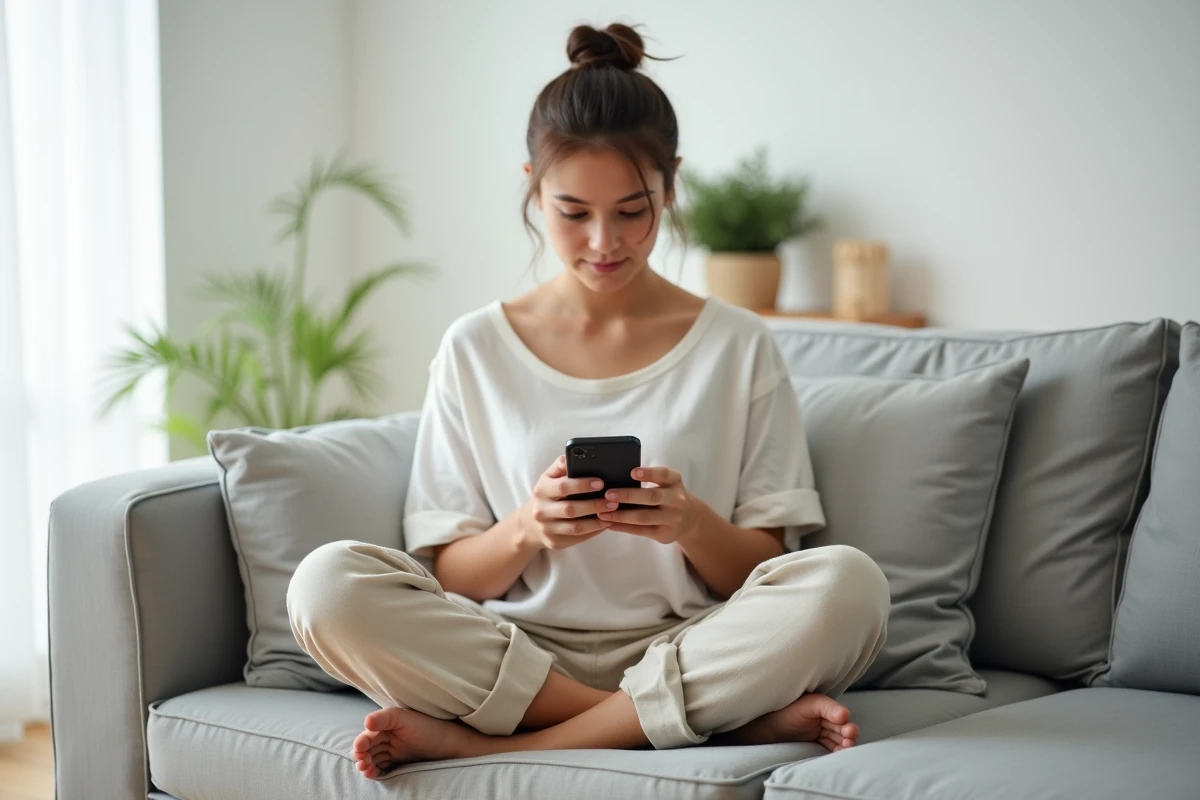 Jeune femme assise sur un canapé tenant un smartphone, pieds nus visibles, illustrant la vente anonyme de photos de pieds en ligne