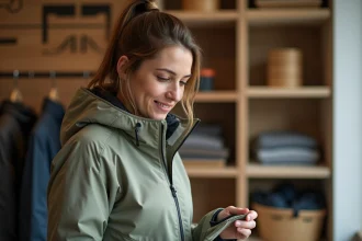 Femme examinant l'étiquette écoresponsable d'une veste de montagne en matières recyclées dans une boutique outdoor durable
