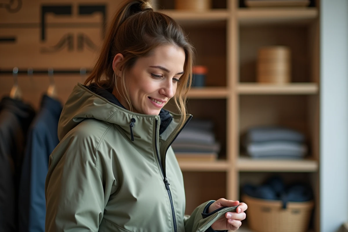 Femme examinant l'étiquette écoresponsable d'une veste de montagne en matières recyclées dans une boutique outdoor durable