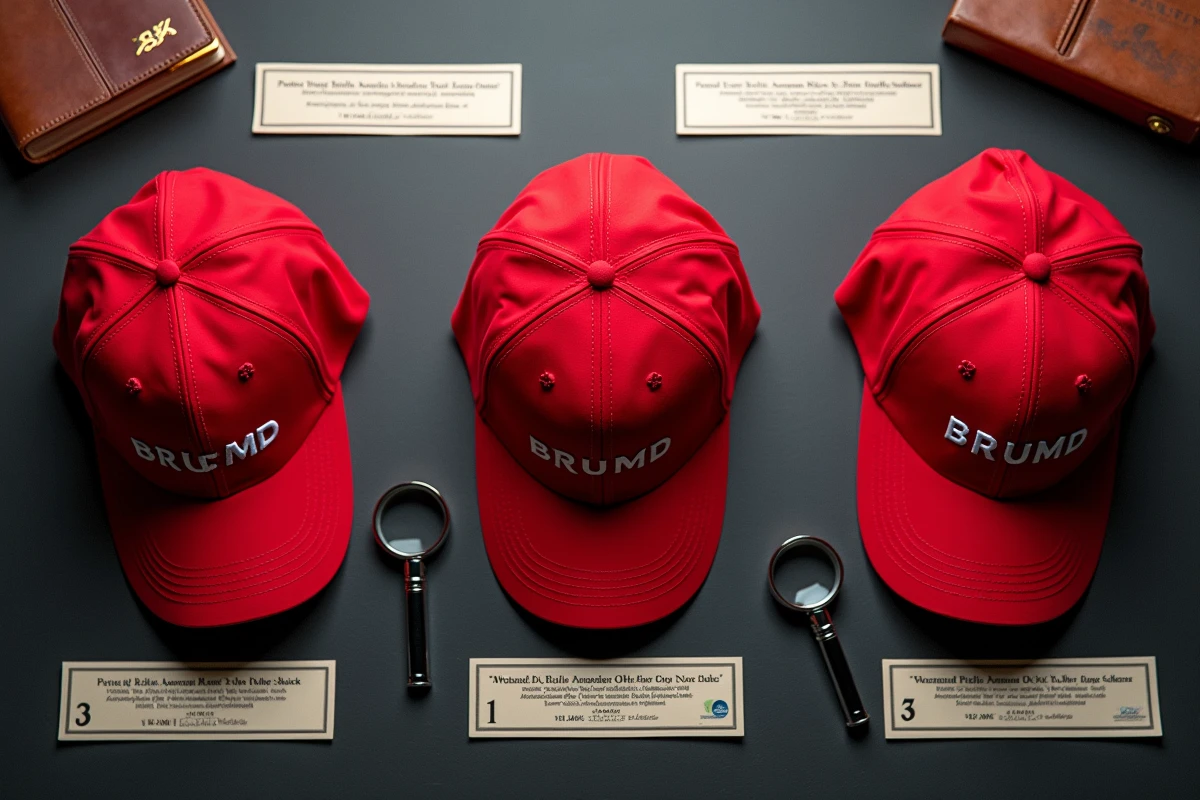 Vue aérienne de trois casquettes Make America Great Again en éditions différentes avec certificats d'authenticité pour collectionneurs