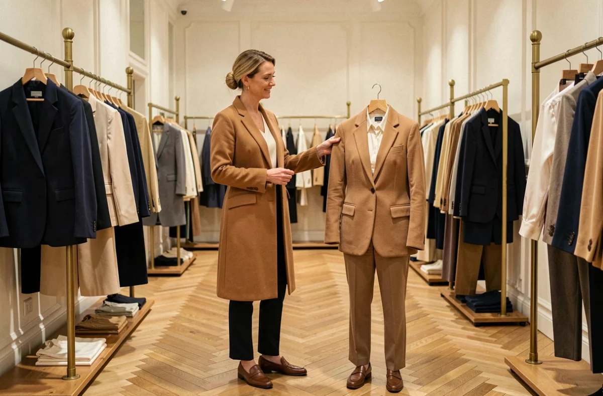 Boutique Ycone à Annecy avec des vêtements élégants en camel et ivoire et un parquet en chêne à chevrons